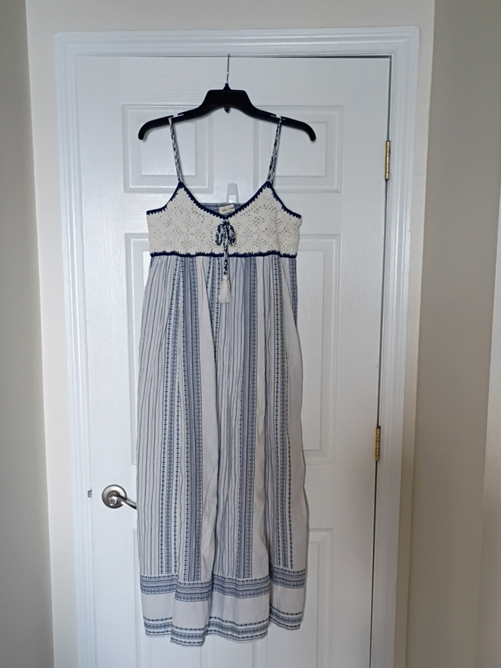 Lucky Brand Cream Crochet Bodice with Navy Striped Maxi Dress, L